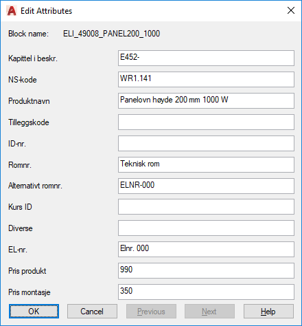 Attributter til en ELI-blokk i AutoCAD