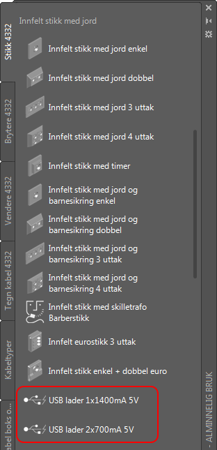USB kontakter AutoCAD symboler